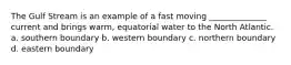 The Gulf Stream is an example of a fast moving ______________ current and brings warm, equatorial water to the North Atlantic. a. southern boundary b. western boundary c. northern boundary d. eastern boundary