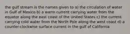 the gulf stream is the names given to a) the circulation of water in Gulf of Mexico b) a warm current carrying water from the equator along the east coast of the United States c) the current carrying cold water from the North Pole along the west coast d) a counter-clockwise surface current in the gulf of California
