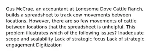 Gus McCrae, an accountant at Lonesome Dove Cattle Ranch, builds a spreadsheet to track cow movements between locations. However, there are so few movements of cattle between locations that the spreadsheet is unhelpful. This problem illustrates which of the following issues? Inadequate scope and scalability Lack of strategic focus Lack of strategic engagement Digitization