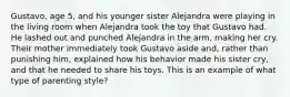 Gustavo, age 5, and his younger sister Alejandra were playing in the living room when Alejandra took the toy that Gustavo had. He lashed out and punched Alejandra in the arm, making her cry. Their mother immediately took Gustavo aside and, rather than punishing him, explained how his behavior made his sister cry, and that he needed to share his toys. This is an example of what type of parenting style?