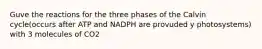 Guve the reactions for the three phases of the Calvin cycle(occurs after ATP and NADPH are provuded y photosystems) with 3 molecules of CO2