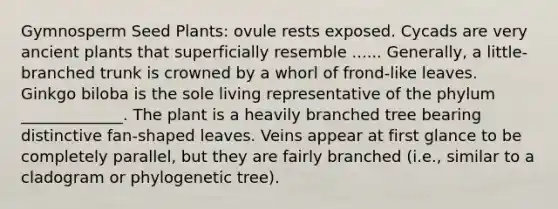 Gymnosperm Seed Plants: ovule rests exposed. Cycads are very ancient plants that superficially resemble ...... Generally, a little-branched trunk is crowned by a whorl of frond-like leaves. Ginkgo biloba is the sole living representative of the phylum _____________. The plant is a heavily branched tree bearing distinctive fan-shaped leaves. Veins appear at first glance to be completely parallel, but they are fairly branched (i.e., similar to a cladogram or phylogenetic tree).