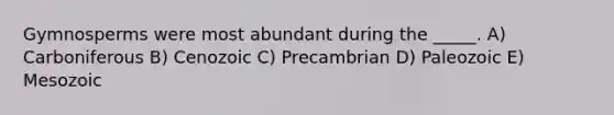 Gymnosperms were most abundant during the _____. A) Carboniferous B) Cenozoic C) Precambrian D) Paleozoic E) Mesozoic