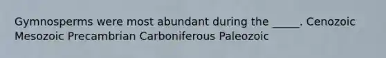 Gymnosperms were most abundant during the _____. Cenozoic Mesozoic Precambrian Carboniferous Paleozoic