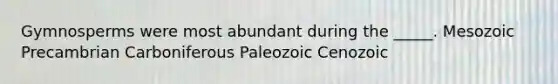 Gymnosperms were most abundant during the _____. Mesozoic Precambrian Carboniferous Paleozoic Cenozoic