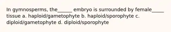 In gymnosperms, the______ embryo is surrounded by female_____ tissue a. haploid/gametophyte b. haploid/sporophyte c. diploid/gametophyte d. diploid/sporophyte