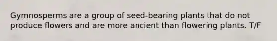 Gymnosperms are a group of seed-bearing plants that do not produce flowers and are more ancient than flowering plants. T/F