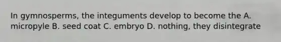 In gymnosperms, the integuments develop to become the A. micropyle B. seed coat C. embryo D. nothing, they disintegrate