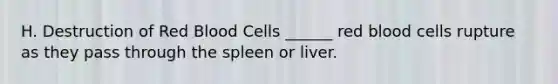 H. Destruction of Red Blood Cells ______ red blood cells rupture as they pass through the spleen or liver.