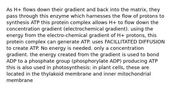 As H+ flows down their gradient and back into the matrix, they pass through this enzyme which harnesses the flow of protons to synthesis ATP this protein complex allows H+ to flow down the concentration gradient (electrochemical gradient). using the energy from the electro-chemical gradient of H+ protons, this protein complex can generate ATP. uses FACILLITATED DIFFUSION to create ATP. No energy is needed. only a concentration gradient. the energy created from the gradient is used to bond ADP to a phosphate group (phosphorylate ADP) producing ATP this is also used in photosynthesis: in plant cells, these are located in the thylakoid membrane and inner mitochondrial membrane