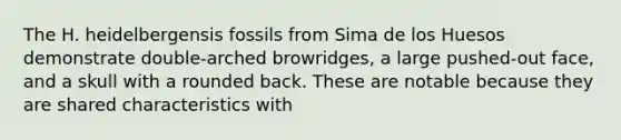 The H. heidelbergensis fossils from Sima de los Huesos demonstrate double-arched browridges, a large pushed-out face, and a skull with a rounded back. These are notable because they are shared characteristics with