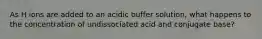 As H ions are added to an acidic buffer solution, what happens to the concentration of undissociated acid and conjugate base?