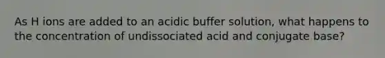 As H ions are added to an acidic buffer solution, what happens to the concentration of undissociated acid and conjugate base?