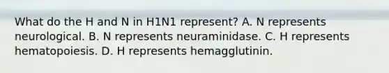 What do the H and N in H1N1 represent? A. N represents neurological. B. N represents neuraminidase. C. H represents hematopoiesis. D. H represents hemagglutinin.