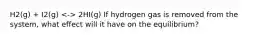 H2(g) + I2(g) 2HI(g) If hydrogen gas is removed from the system, what effect will it have on the equilibrium?