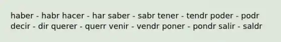 haber - habr hacer - har saber - sabr tener - tendr poder - podr decir - dir querer - querr venir - vendr poner - pondr salir - saldr