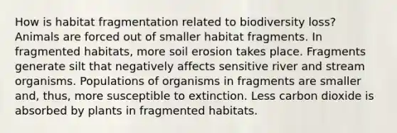 How is habitat fragmentation related to biodiversity loss? Animals are forced out of smaller habitat fragments. In fragmented habitats, more soil erosion takes place. Fragments generate silt that negatively affects sensitive river and stream organisms. Populations of organisms in fragments are smaller and, thus, more susceptible to extinction. Less carbon dioxide is absorbed by plants in fragmented habitats.