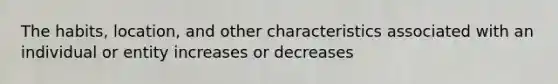 The habits, location, and other characteristics associated with an individual or entity increases or decreases