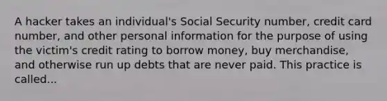 A hacker takes an individual's Social Security number, credit card number, and other personal information for the purpose of using the victim's credit rating to borrow money, buy merchandise, and otherwise run up debts that are never paid. This practice is called...