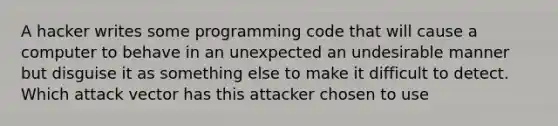 A hacker writes some programming code that will cause a computer to behave in an unexpected an undesirable manner but disguise it as something else to make it difficult to detect. Which attack vector has this attacker chosen to use