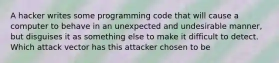 A hacker writes some programming code that will cause a computer to behave in an unexpected and undesirable manner, but disguises it as something else to make it difficult to detect. Which attack vector has this attacker chosen to be