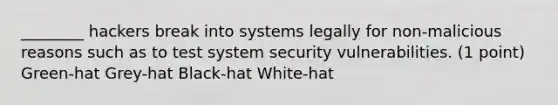 ________ hackers break into systems legally for non-malicious reasons such as to test system security vulnerabilities. (1 point) Green-hat Grey-hat Black-hat White-hat