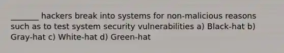 _______ hackers break into systems for non-malicious reasons such as to test system security vulnerabilities a) Black-hat b) Gray-hat c) White-hat d) Green-hat