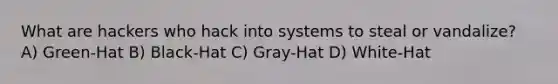 What are hackers who hack into systems to steal or vandalize? A) Green-Hat B) Black-Hat C) Gray-Hat D) White-Hat