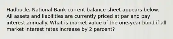 Hadbucks National Bank current balance sheet appears below. All assets and liabilities are currently priced at par and pay interest annually. What is market value of the one-year bond if all market interest rates increase by 2 percent?