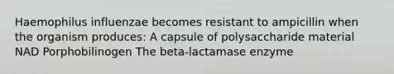 Haemophilus influenzae becomes resistant to ampicillin when the organism produces: A capsule of polysaccharide material NAD Porphobilinogen The beta-lactamase enzyme