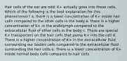 Hair cells of the ear are odd: K+ actually goes into these cells. Which of the following is the best explanation for this phenomenon? a. there is a lower concentration of K+ inside hair cells compared to the other cells in the body b. there is a higher concentration of K+ in the endolymph compared to the extracellular fluid of other cells in the body c. There are special K+ transporters on the hair cells that pump K+ into the cell d. There is a higher concentration of K+ in the extracellular fluid surrounding our bodies cells compared to the extracellular fluid surrounding the hair cells e. There is a lower concentration of K+ inside normal body cells compared to hair cells