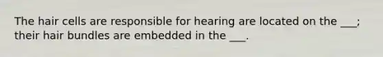 The hair cells are responsible for hearing are located on the ___; their hair bundles are embedded in the ___.