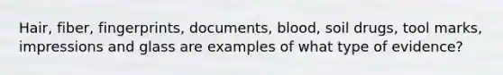 Hair, fiber, fingerprints, documents, blood, soil drugs, tool marks, impressions and glass are examples of what type of evidence?