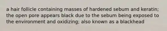 a hair follicle containing masses of hardened sebum and keratin; the open pore appears black due to the sebum being exposed to the environment and oxidizing; also known as a blackhead