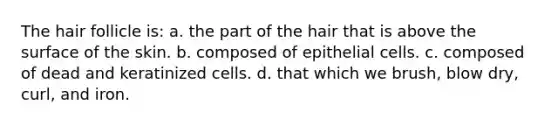 The hair follicle is: a. the part of the hair that is above the surface of the skin. b. composed of epithelial cells. c. composed of dead and keratinized cells. d. that which we brush, blow dry, curl, and iron.