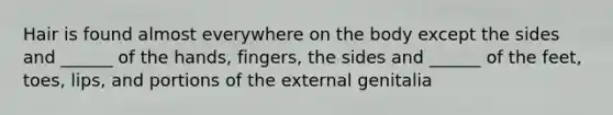 Hair is found almost everywhere on the body except the sides and ______ of the hands, fingers, the sides and ______ of the feet, toes, lips, and portions of the external genitalia