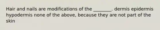 Hair and nails are modifications of the ________. dermis epidermis hypodermis none of the above, because they are not part of the skin