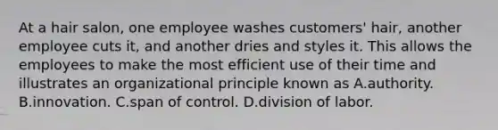 At a hair salon, one employee washes customers' hair, another employee cuts it, and another dries and styles it. This allows the employees to make the most efficient use of their time and illustrates an organizational principle known as A.authority. B.innovation. C.span of control. D.division of labor.