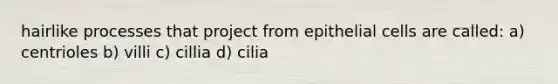 hairlike processes that project from epithelial cells are called: a) centrioles b) villi c) cillia d) cilia