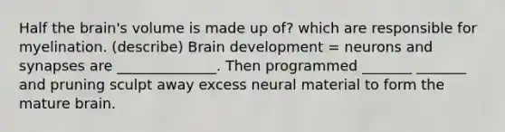 Half the brain's volume is made up of? which are responsible for myelination. (describe) Brain development = neurons and synapses are ______________. Then programmed _______ _______ and pruning sculpt away excess neural material to form the mature brain.