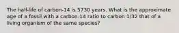 The half-life of carbon-14 is 5730 years. What is the approximate age of a fossil with a carbon-14 ratio to carbon 1/32 that of a living organism of the same species?