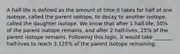 A half-life is defined as the amount of time it takes for half of one isotope, called the parent isotope, to decay to another isotope, called the daughter isotope. We know that after 1 half-life, 50% of the parent isotope remains, and after 2 half-lives, 25% of the parent isotope remains. Following this logic, it would take _______ half-lives to reach 3.125% of the parent isotope remaining.