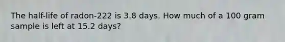 The half-life of radon-222 is 3.8 days. How much of a 100 gram sample is left at 15.2 days?