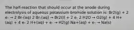 The half‑reaction that should occur at the anode during electrolysis of aqueous potassium bromide solution is: Br2(g) + 2 e‑ → 2 Br‑(aq) 2 Br‑(aq) → Br2(l) + 2 e‑ 2 H2O → O2(g) + 4 H+(aq) + 4 e‑ 2 H+(aq) + e‑ → H2(g) Na+(aq) + e‑ → Na(s)