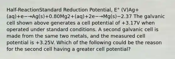 Half-ReactionStandard Reduction Potential, E° (V)Ag+(aq)+e−→Ag(s)+0.80Mg2+(aq)+2e−→Mg(s)−2.37 The galvanic cell shown above generates a cell potential of +3.17V when operated under standard conditions. A second galvanic cell is made from the same two metals, and the measured cell potential is +3.25V. Which of the following could be the reason for the second cell having a greater cell potential?