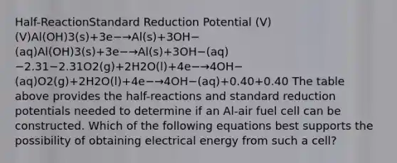 Half-ReactionStandard Reduction Potential (V)(V)Al(OH)3(s)+3e−→Al(s)+3OH−(aq)Al(OH)3(s)+3e−→Al(s)+3OH−(aq)−2.31−2.31O2(g)+2H2O(l)+4e−→4OH−(aq)O2(g)+2H2O(l)+4e−→4OH−(aq)+0.40+0.40 The table above provides the half-reactions and standard reduction potentials needed to determine if an Al-air fuel cell can be constructed. Which of the following equations best supports the possibility of obtaining electrical energy from such a cell?