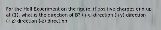 For the Hall Experiment on the figure, if positive charges end up at (1), what is the direction of B? (+x) direction (+y) direction (+z) direction (-z) direction