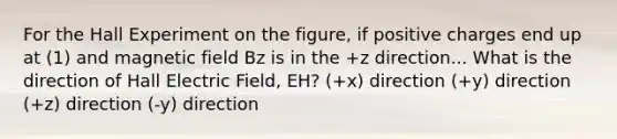 For the Hall Experiment on the figure, if positive charges end up at (1) and magnetic field Bz is in the +z direction... What is the direction of Hall Electric Field, EH? (+x) direction (+y) direction (+z) direction (-y) direction