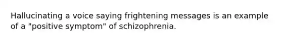 Hallucinating a voice saying frightening messages is an example of a "positive symptom" of schizophrenia.