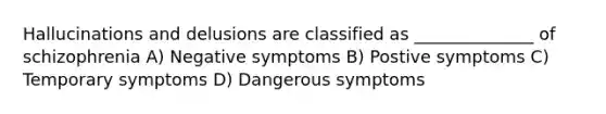 Hallucinations and delusions are classified as ______________ of schizophrenia A) Negative symptoms B) Postive symptoms C) Temporary symptoms D) Dangerous symptoms